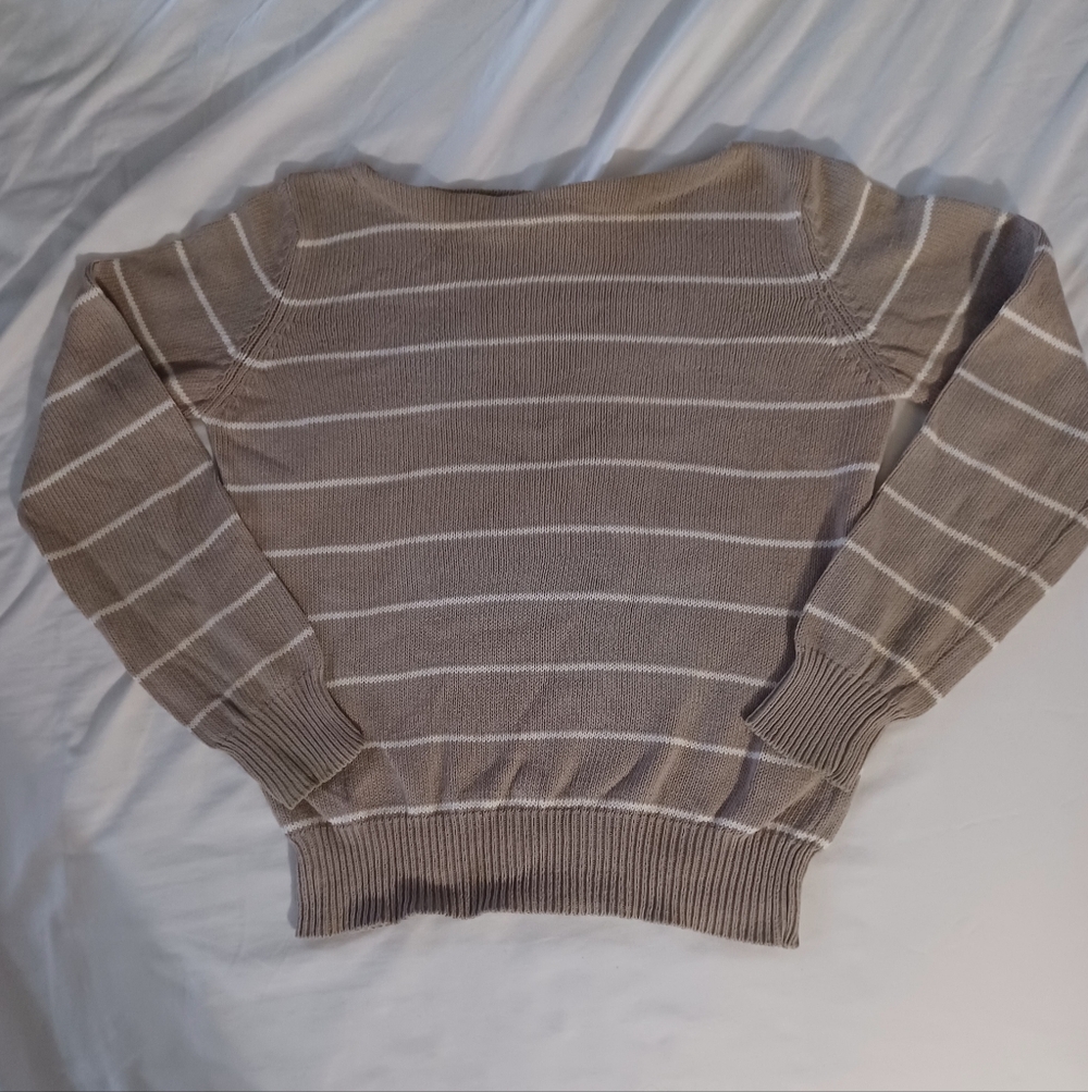 Braemar International womens small cotton sweater tan w/ white stripes.